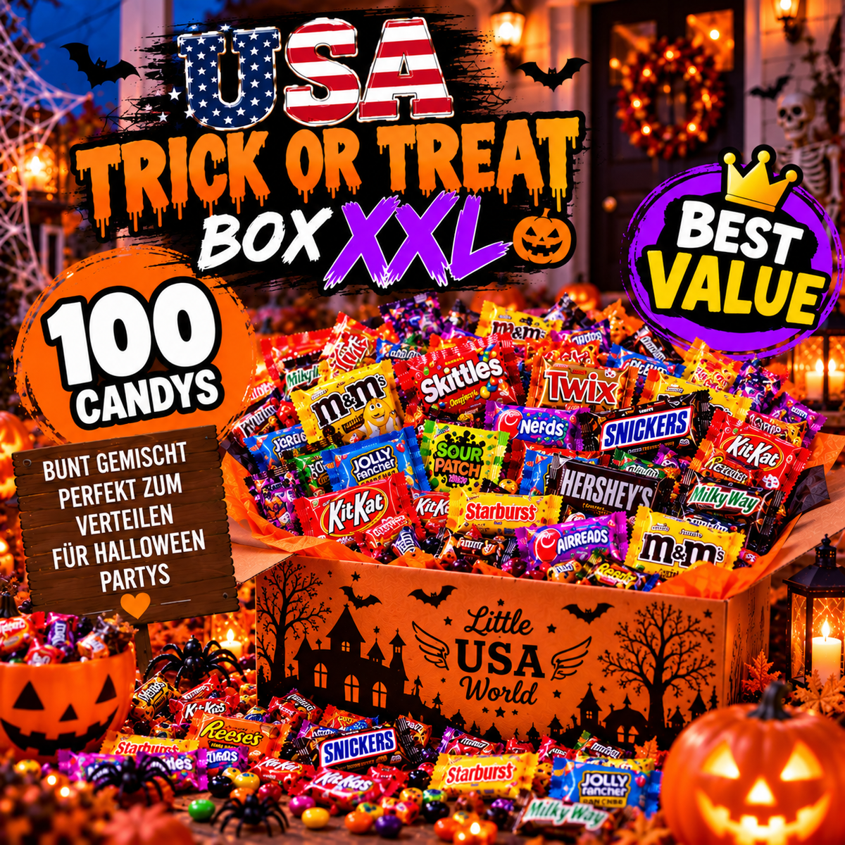 USA Trick or Treat Box XXL – 100 Candys USA BEST VALUE
