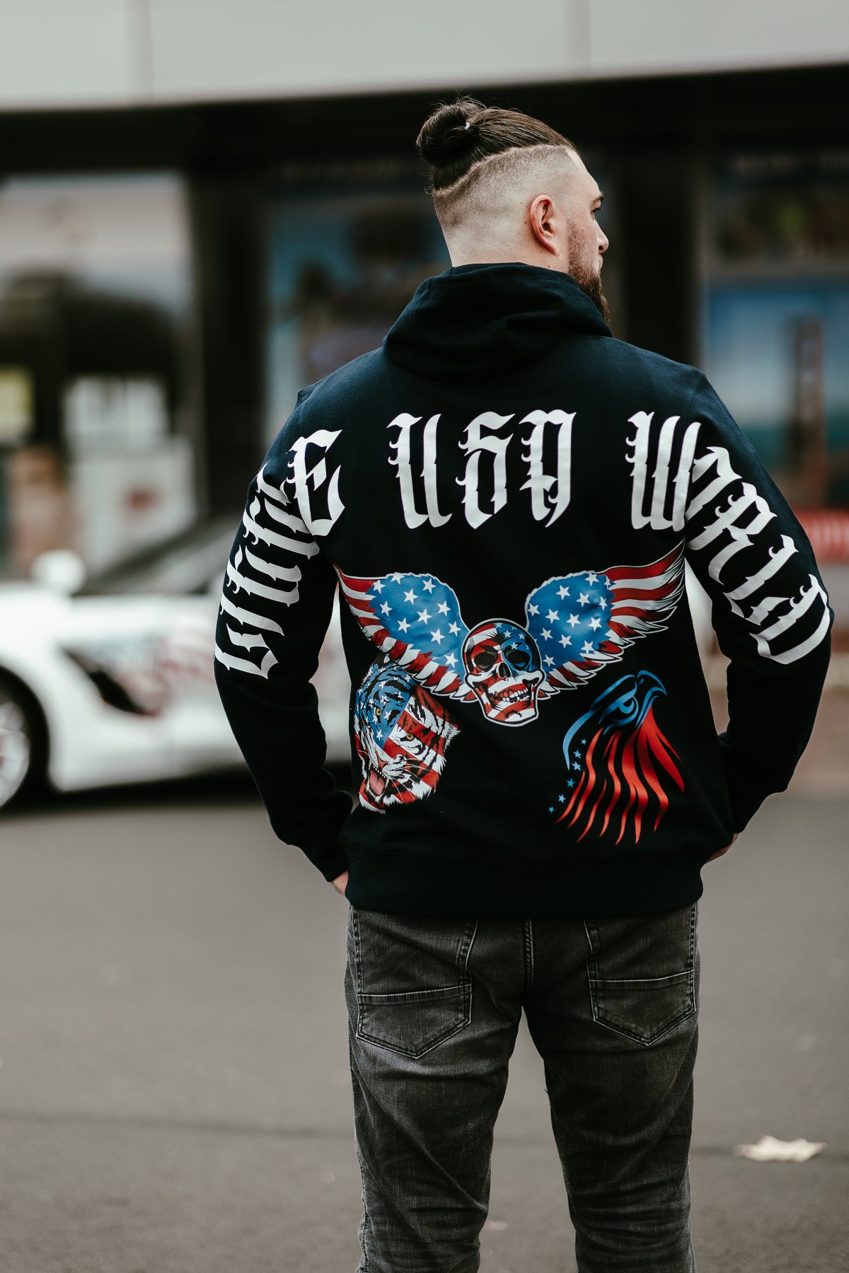 Hoodie "Little USA World" Black/White UNISEX