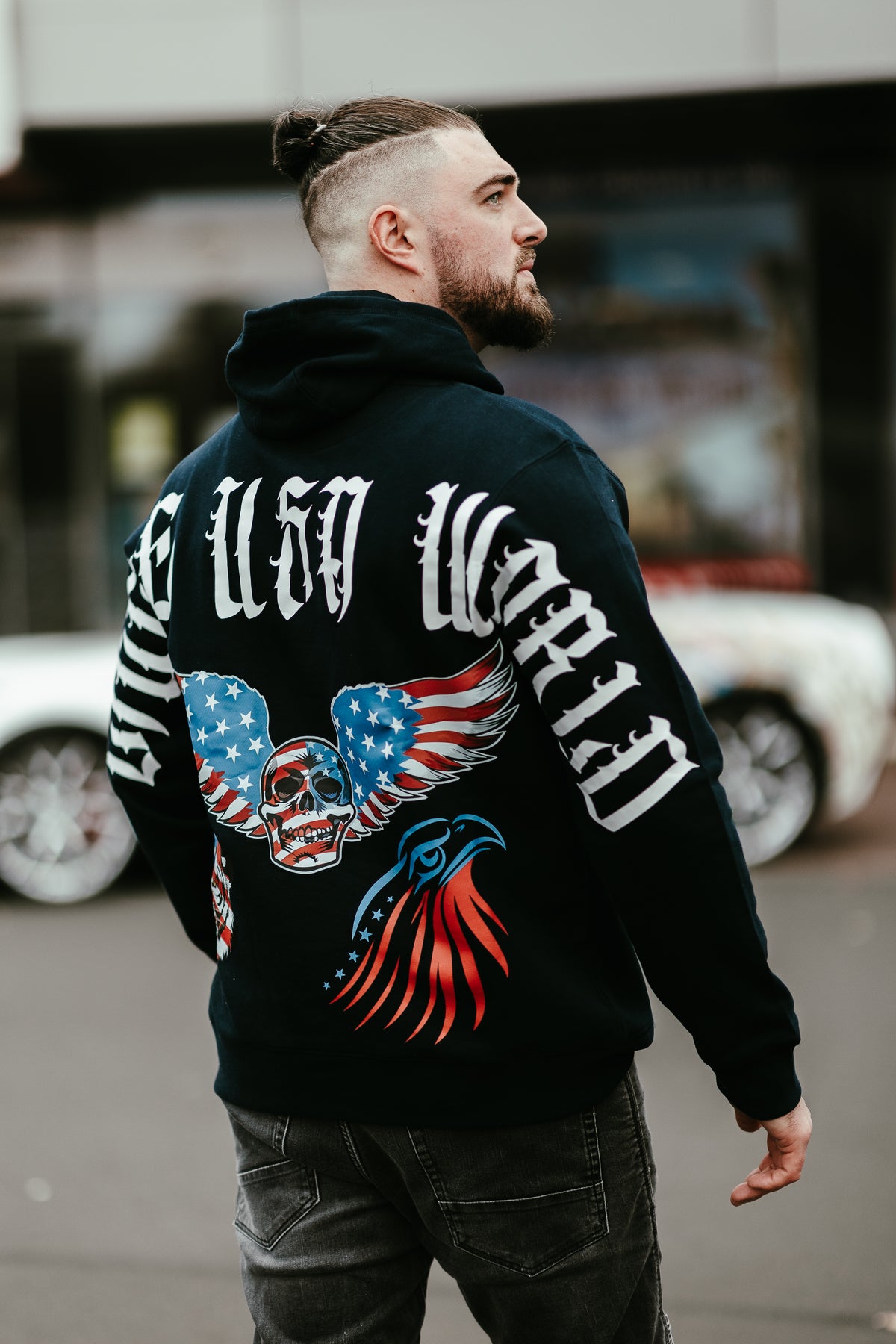 Hoodie "Little USA World" Black/White UNISEX