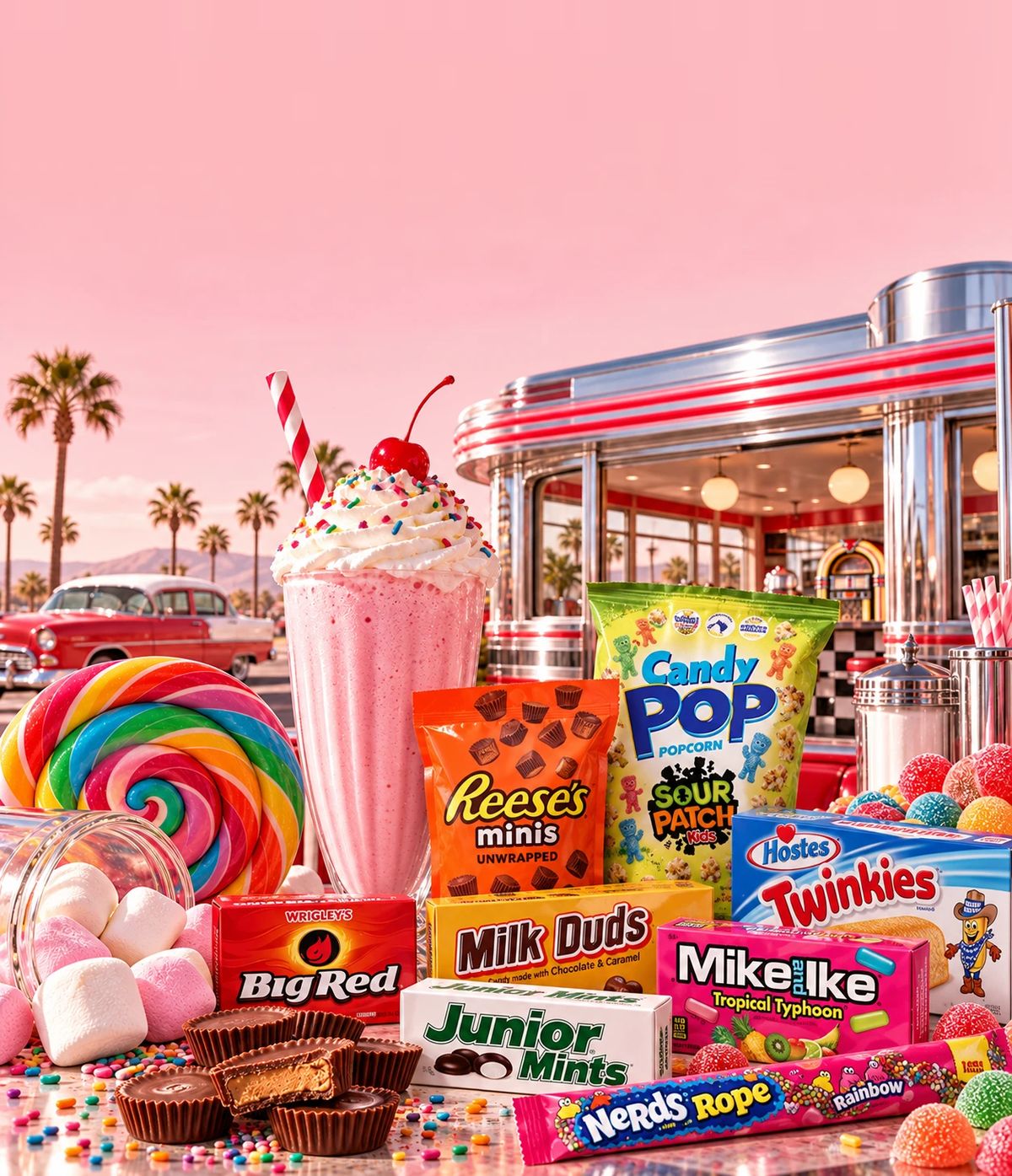 Amerikanischer Chrom-Diner mit roter Sitzbank, Milkshake und Süßigkeiten