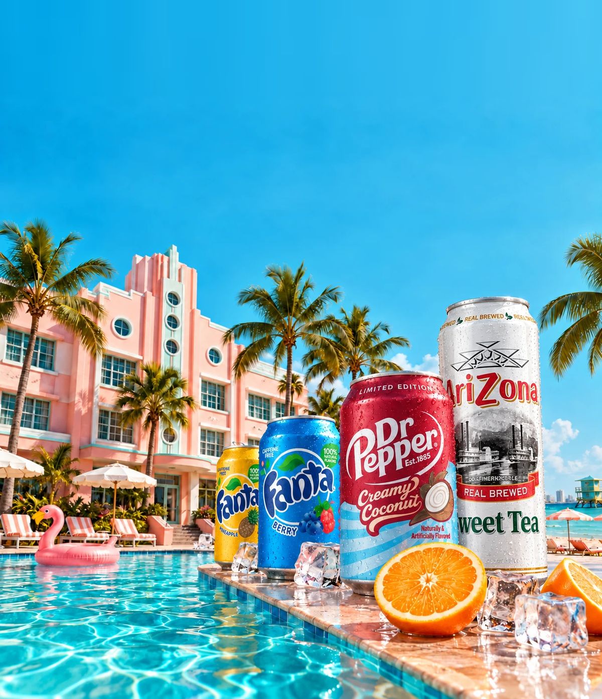 Pastellfarbenes Miami-Hotel mit Palmen, Pool und eisgekühlten Getränken