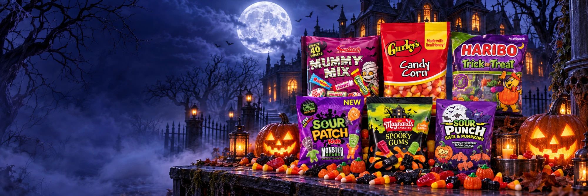 Halloween-Süßigkeiten aus den USA vor einem Spukhaus bei Vollmond