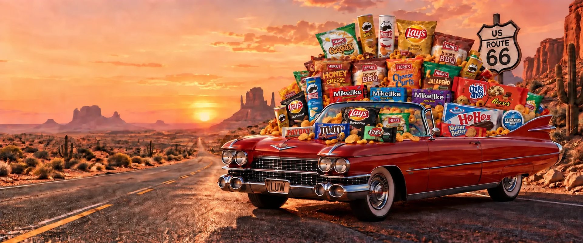 Mit Chips, Süßigkeiten, Keksen und Getränken überladener roter Cadillac auf der Route 66