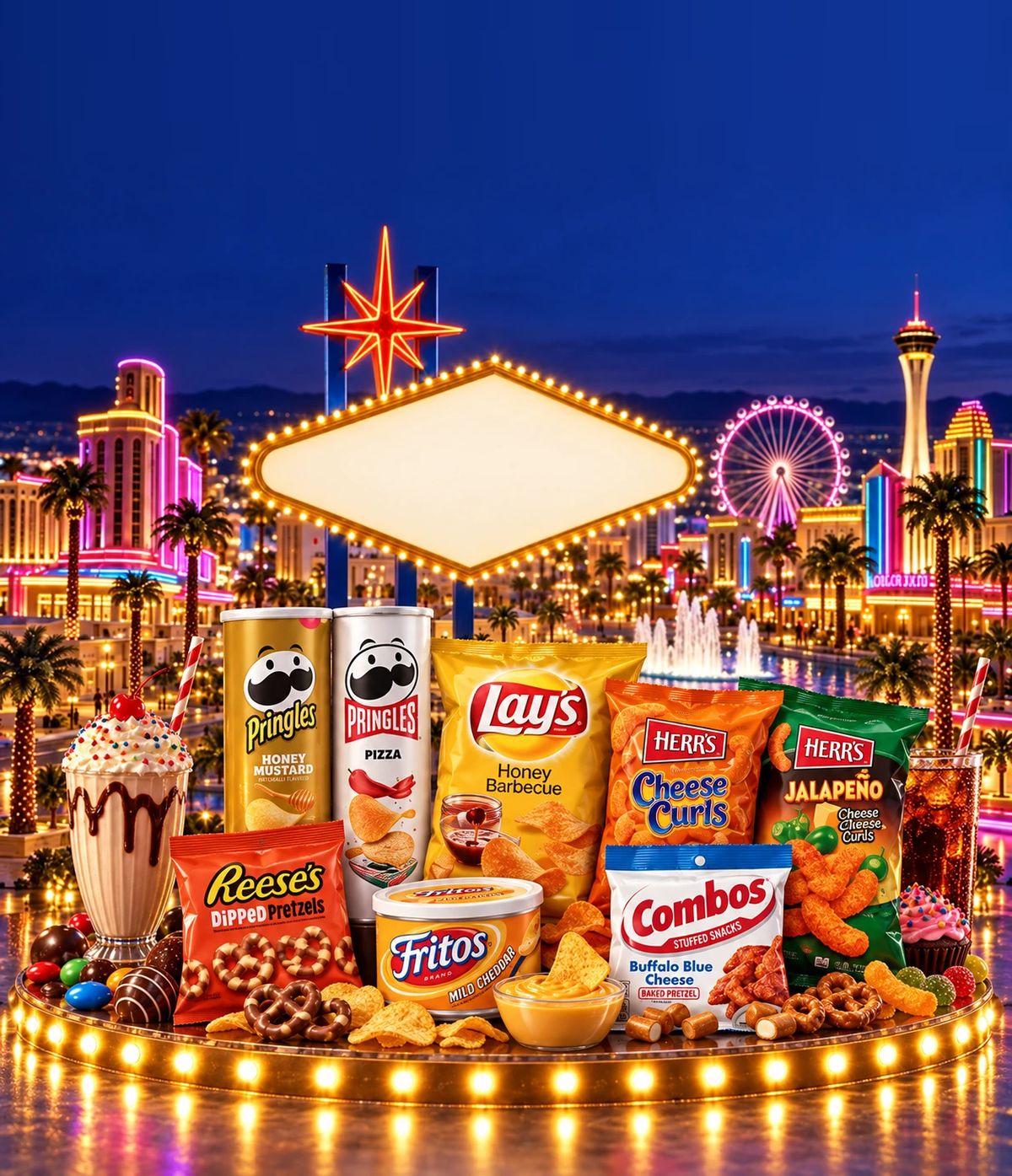 Las Vegas bei Nacht mit Leuchtreklamen und bunten Süßigkeiten
